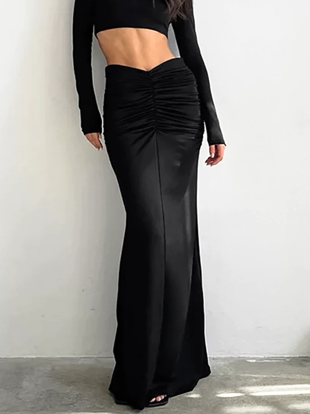 Forever 21 Black Pleated Mermaid Long Skirt High Waist Bodycon Spring